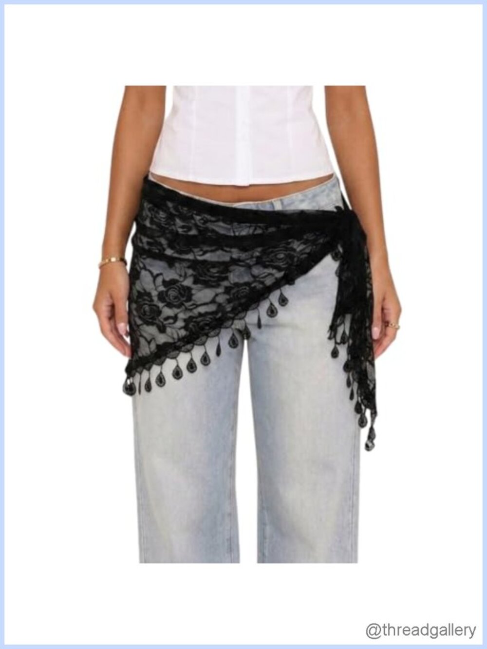 Women Lace Floral Tie Waist Belt Scarf Boho Sheer Hip Wrap Tassel Shawl